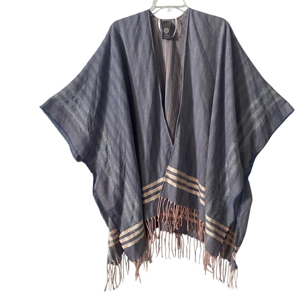 Vince Camuto Blue Herringbone Fringe Poncho Shawl One Size‎ Relaxed Fit Boho